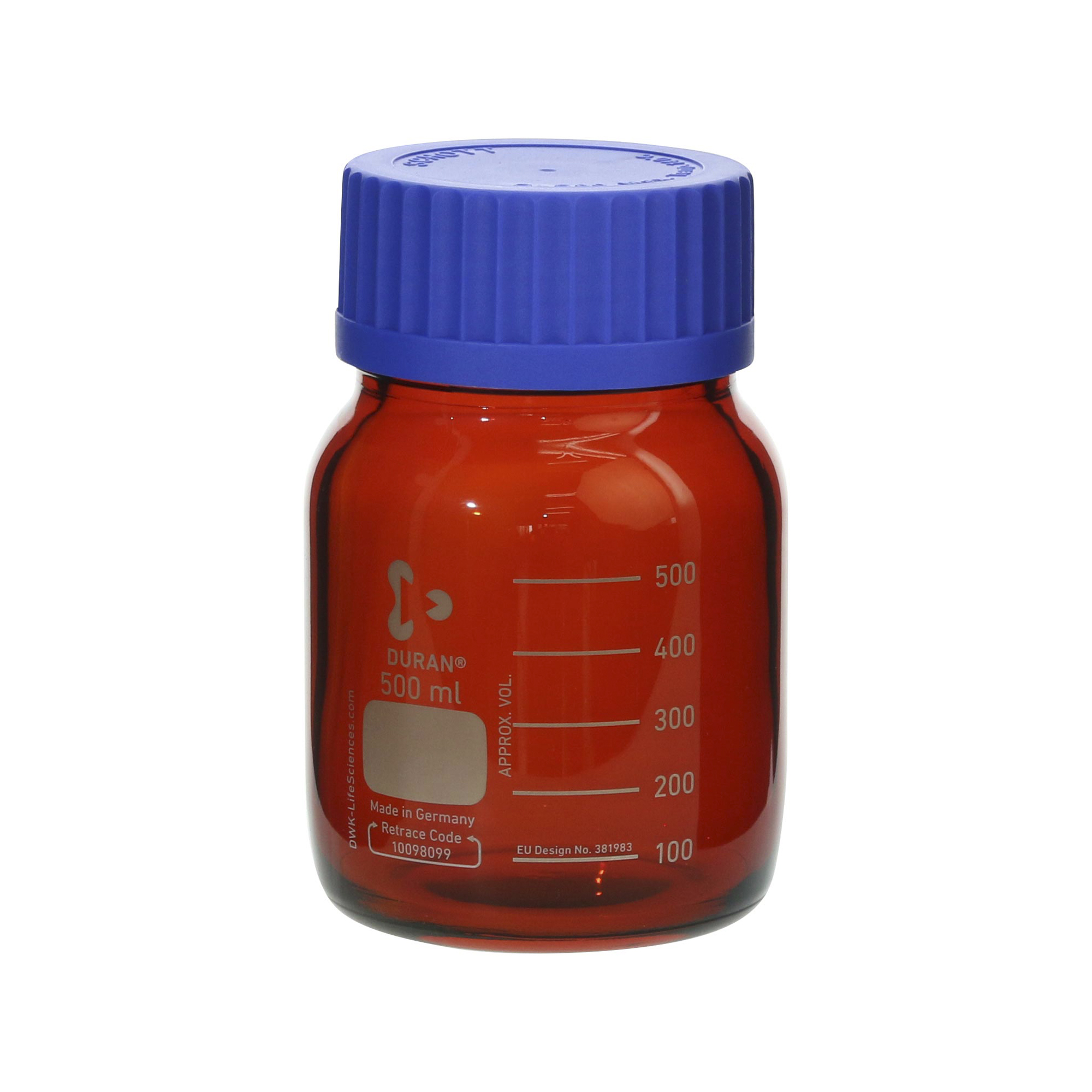 SIBATA柴田科學(xué)     耐熱螺旋蓋瓶，寬口，棕紅色，帶藍(lán)色瓶蓋，500毫升，10瓶裝 017250-1500A